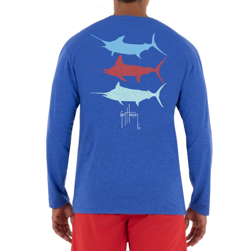 Guy Harvey Men's Three Americana Long Sleeve Pocket Royal T-Shirt - Blue